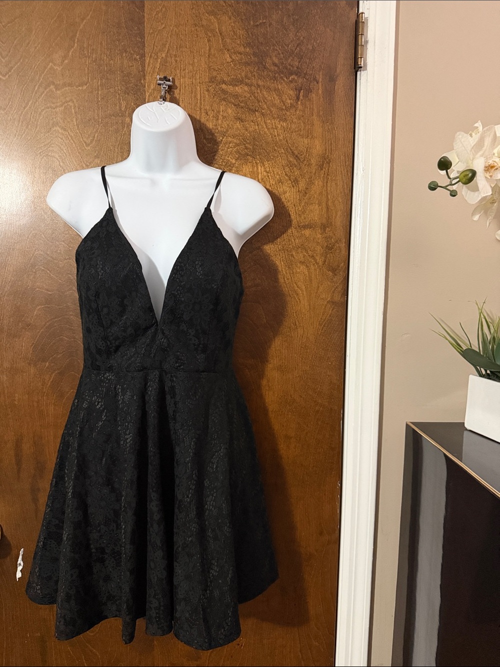 Trac Black Lace V-Neck Spaghetti Strap Skater Dress